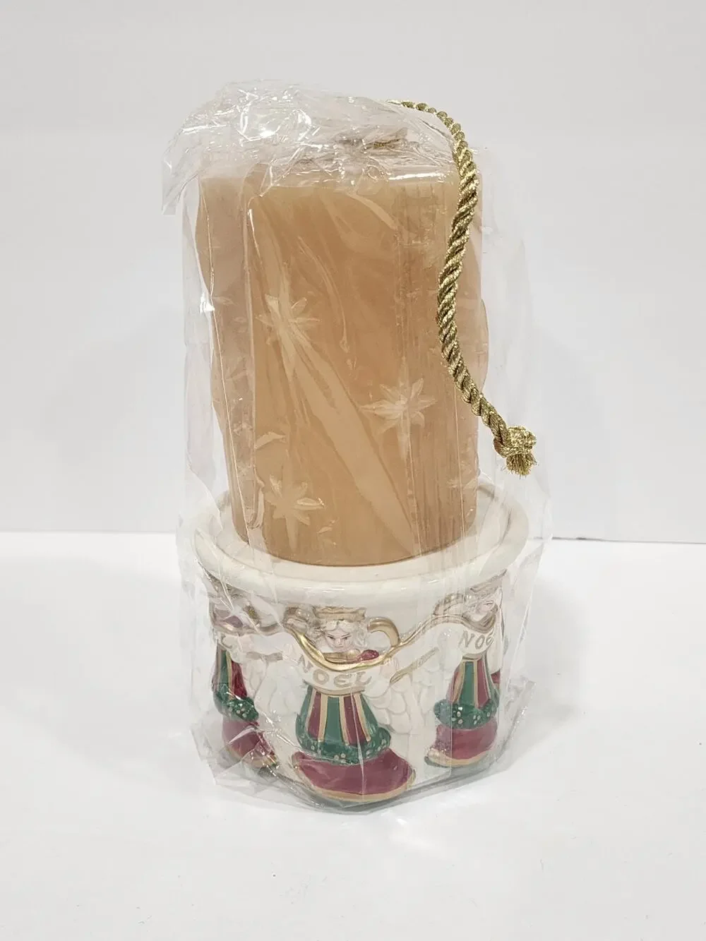 Vintage Fitz And Floyd Pillar Candle Holder Pedestal Angels Noel with Candle NEW